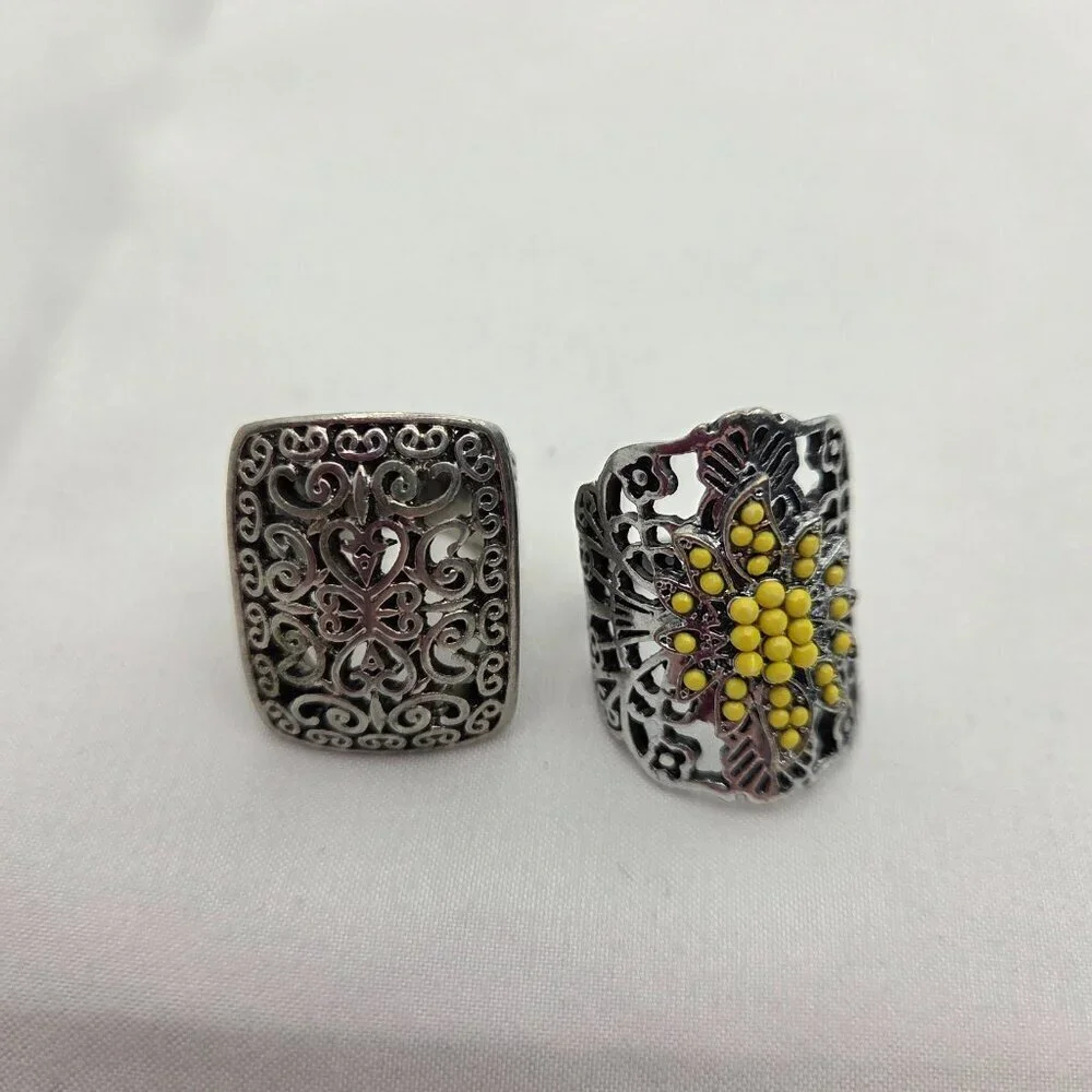 Set of 2 Vintage Silver-Tone Statement Rings - Boho Filigree & Floral
